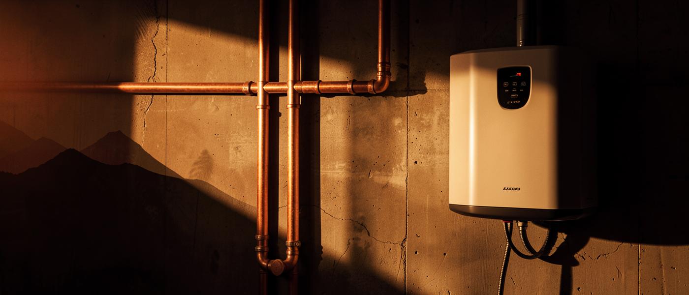 New copper plumbing lines and a wall-mounted tankless water heater