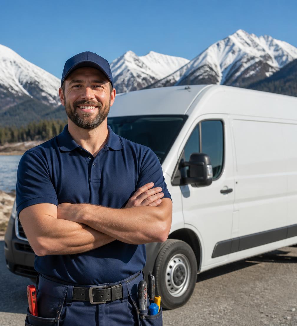 907 Heating and Plumbing service truck parked near the Chugach Mountains in Anchorage