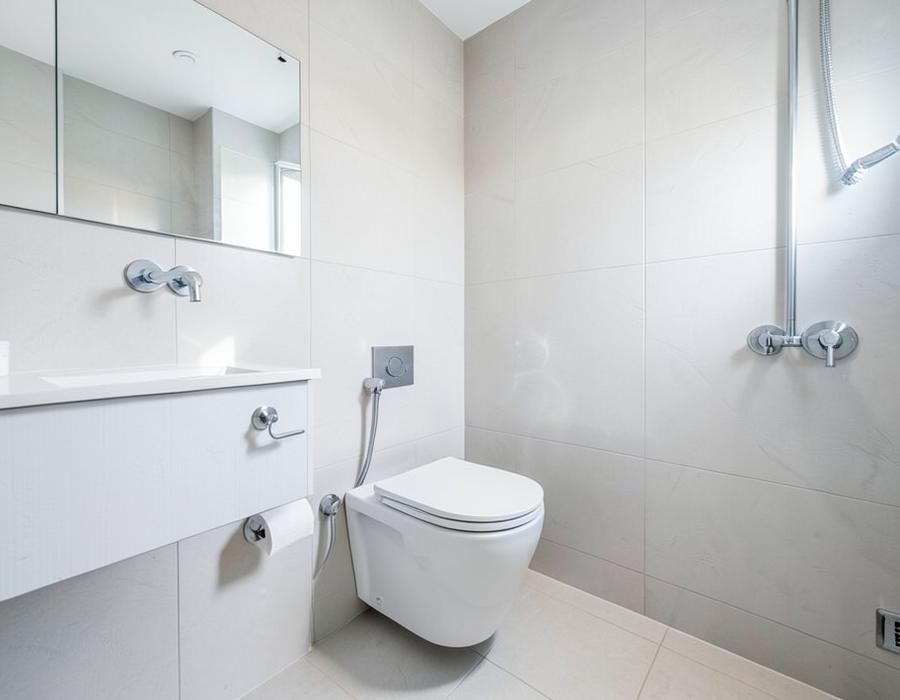 Finished bathroom with newly installed toilet, vanity faucet and chrome shower fittings