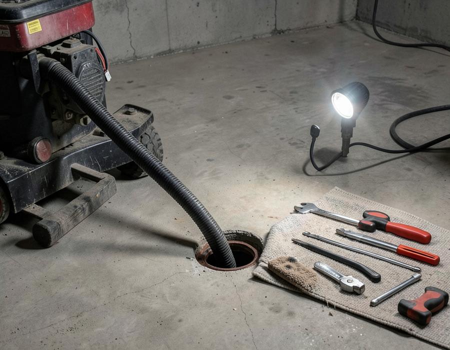 Drain cleaning machine cable feeding into a basement floor drain cleanout