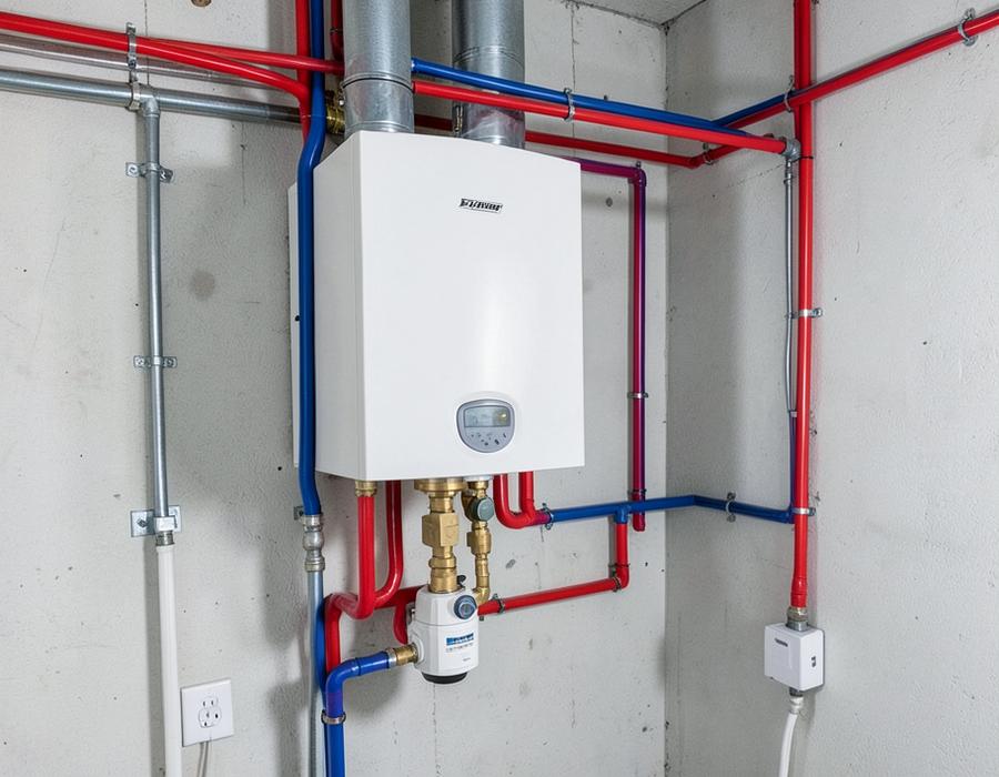Wall-mounted boiler with a hydronic heating manifold and PEX distribution lines