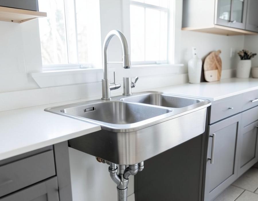 New stainless steel kitchen sink with pull-down faucet and fresh plumbing beneath