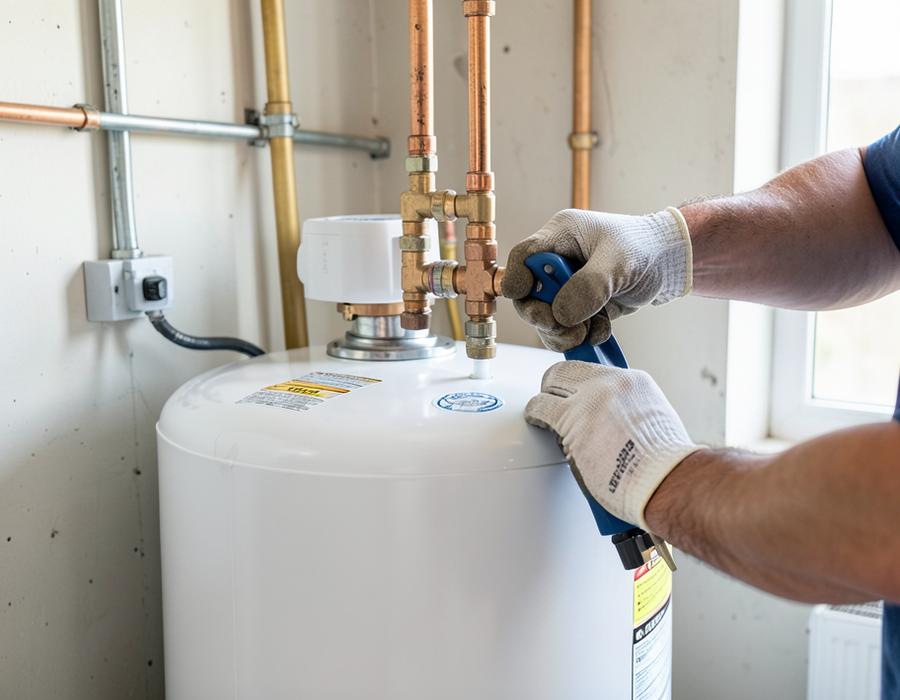 Technician connecting copper flex lines to a newly installed residential water heater